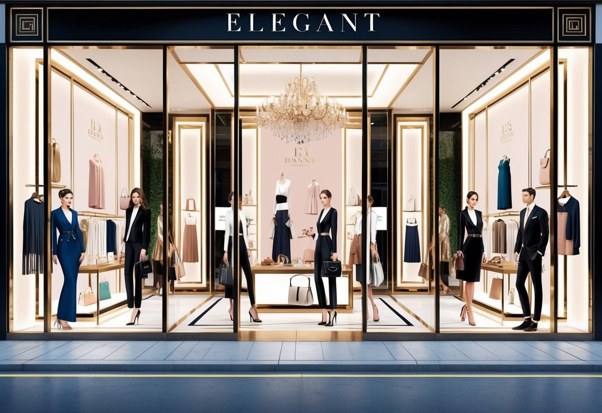 A lavish storefront display featuring elegant, high-end fashion items at affordable prices, drawing in stylish shoppers from all walks of life