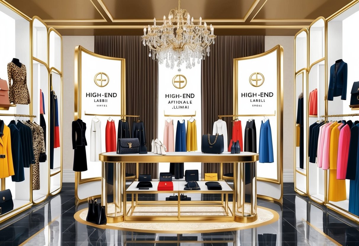 A glamorous display of high-end fashion items arranged in a stylish and luxurious setting, showcasing the trend-setting labels for affordable luxury