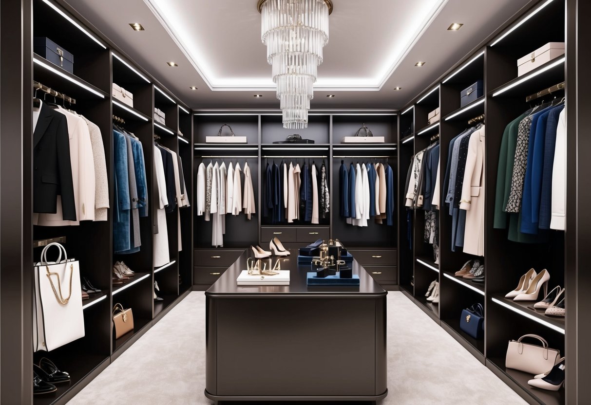 A luxurious walk-in closet filled with designer clothing, shoes, and accessories displayed on sleek racks and shelves, exuding high-end style and sophistication