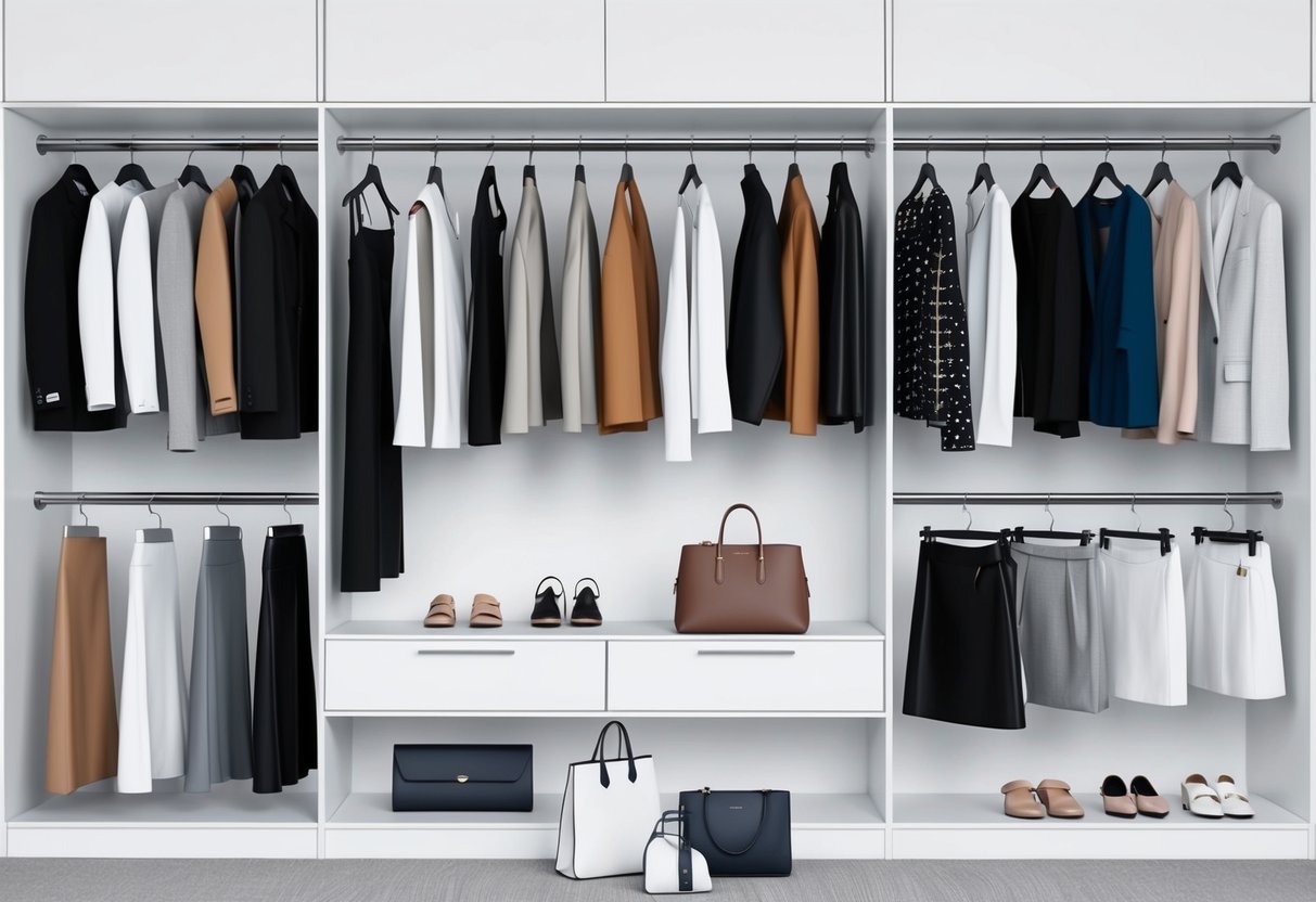A sleek, minimalist closet filled with high-quality, stylish clothing and accessories from affordable luxury fashion brands