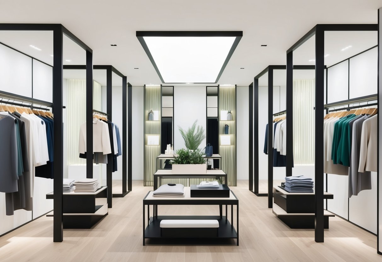 A sleek, modern fashion boutique with eco-friendly materials and stylish, high-end clothing displayed on minimalist racks and shelves. A focus on sustainability is evident in the design and decor