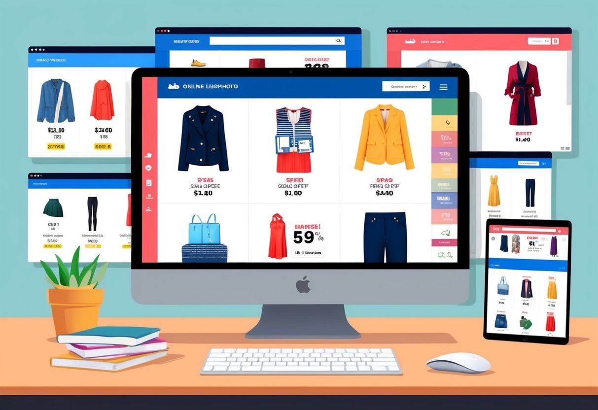 A computer screen displaying various fashion items with price discounts and promotional offers. Multiple tabs open with different online shopping platforms