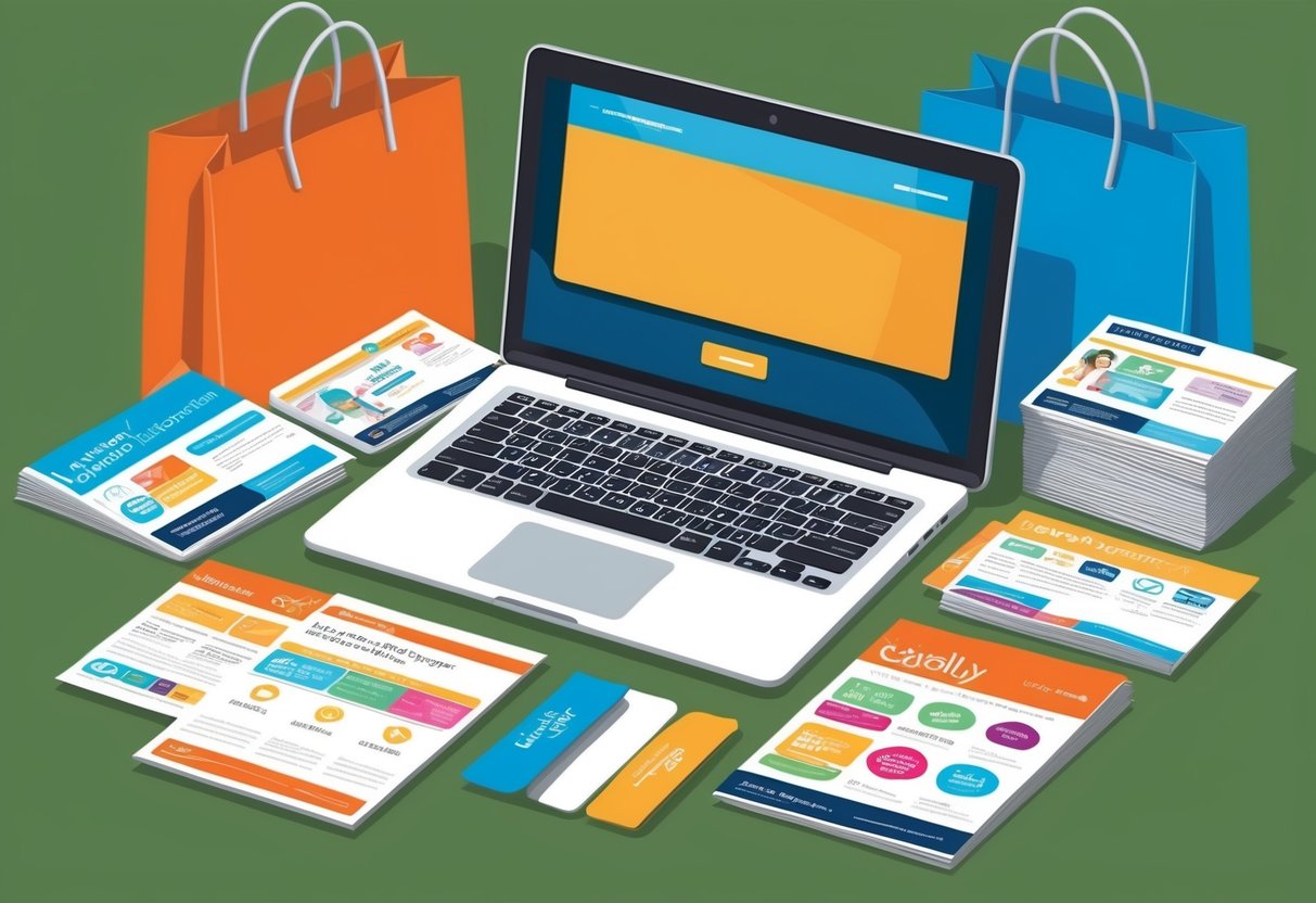 A laptop surrounded by shopping bags, with a stack of newsletters and loyalty program cards on the side