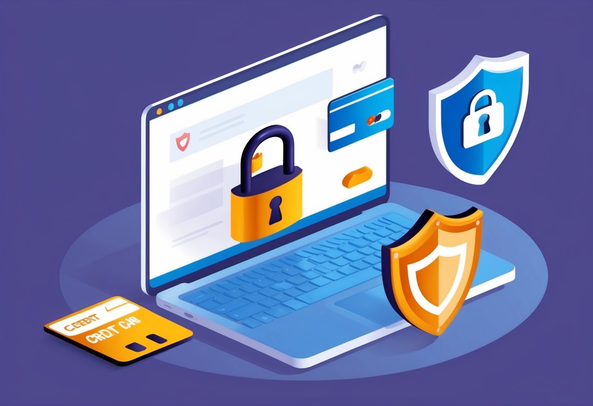 A secure online shopping scene with a padlock icon, credit card, and a shield symbol protecting personal data