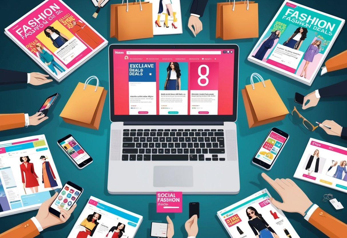 A laptop surrounded by fashion magazines, shopping bags, and a mobile phone with social media apps open, displaying exclusive fashion deals