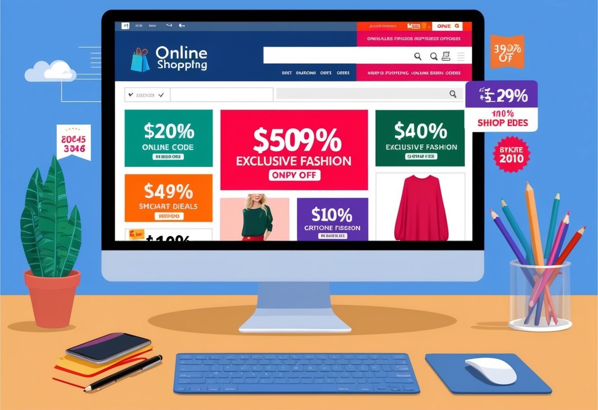 A computer screen displaying various online shopping websites with discount codes and exclusive fashion deals
