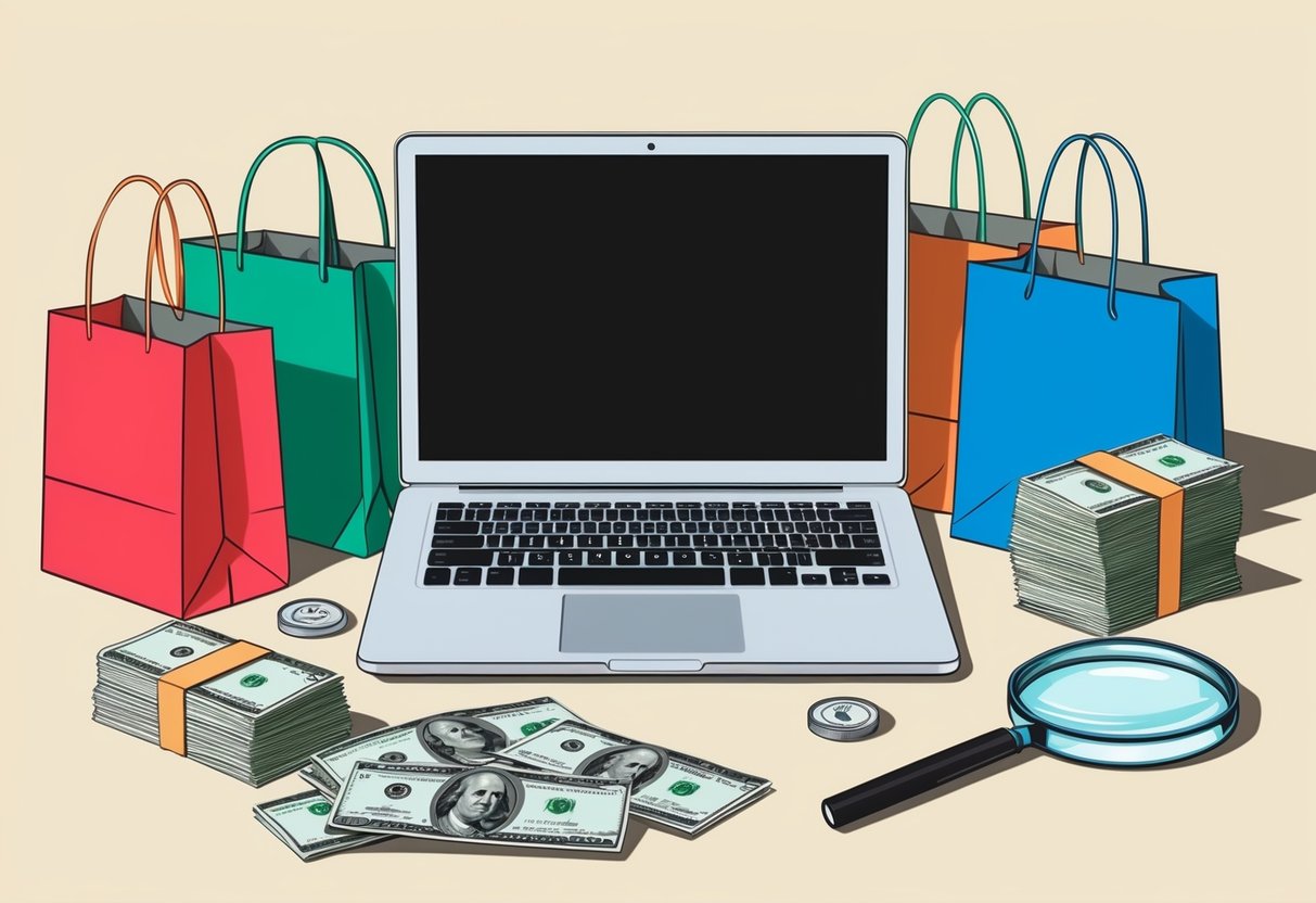 A laptop surrounded by shopping bags, with a stack of money and a magnifying glass nearby