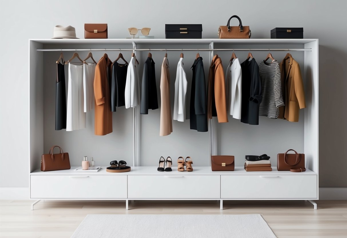 A minimalist wardrobe with stylish accessories displayed on a clean, organized surface