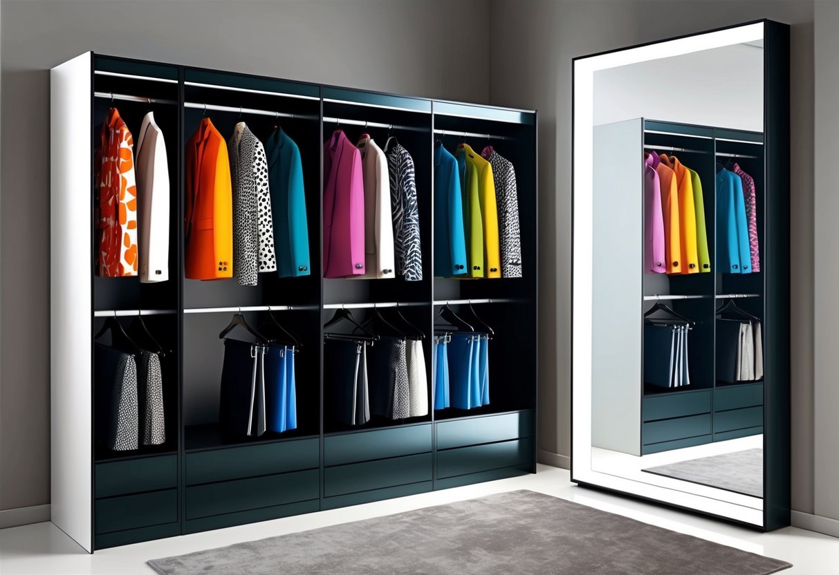 A sleek, modern wardrobe arranged neatly with bold patterns and vibrant colors. A full-length mirror reflects the stylish ensembles, exuding confidence and sophistication