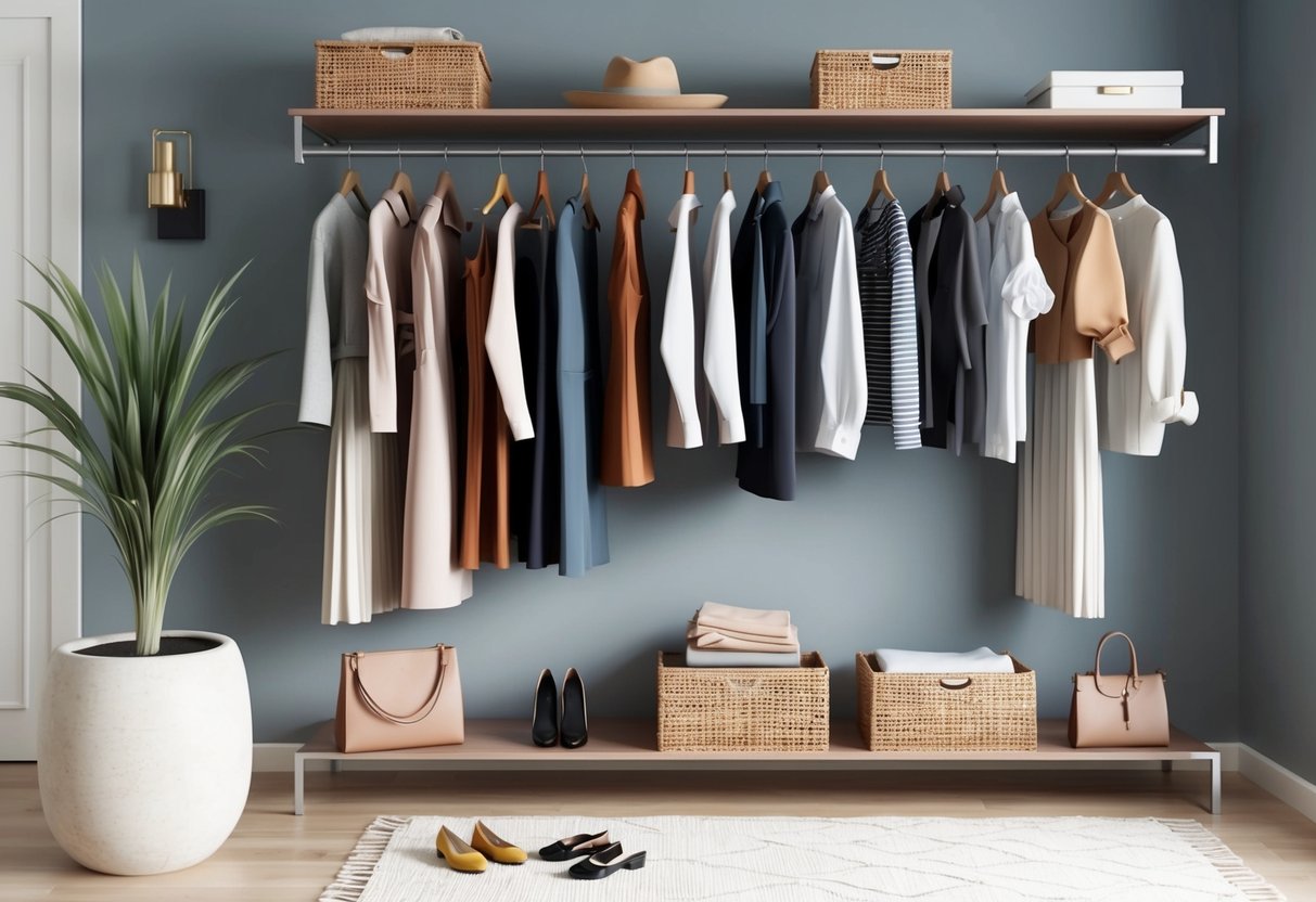 A neatly organized wardrobe with stylish clothing and accessories displayed on hangers and shelves, reflecting a sense of personal style and confidence