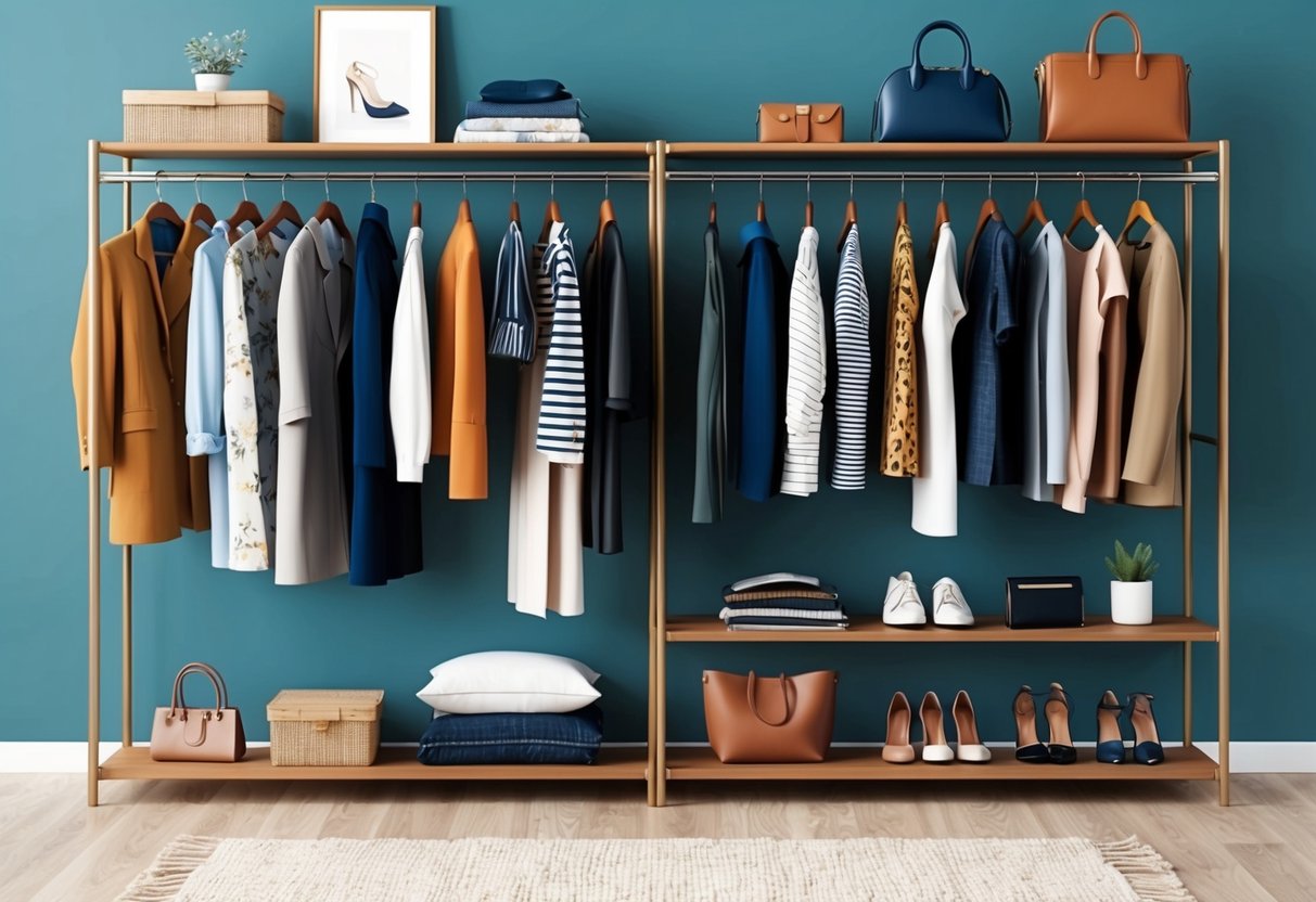 A stylish wardrobe with a mix of classic and trendy pieces, organized on a clothing rack and shelves, with accessories neatly displayed