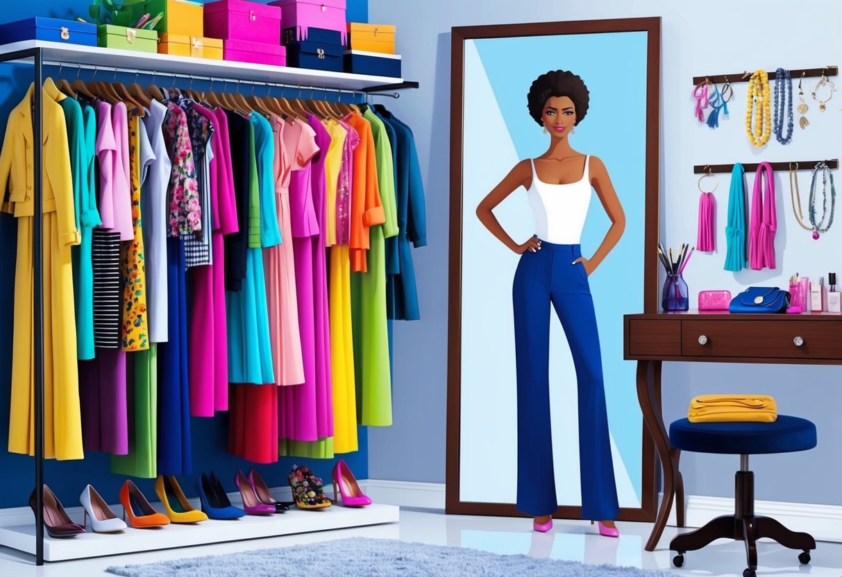 A colorful wardrobe bursting with stylish options, a full-length mirror reflecting a confident stance, and a collection of accessories neatly displayed on a vanity