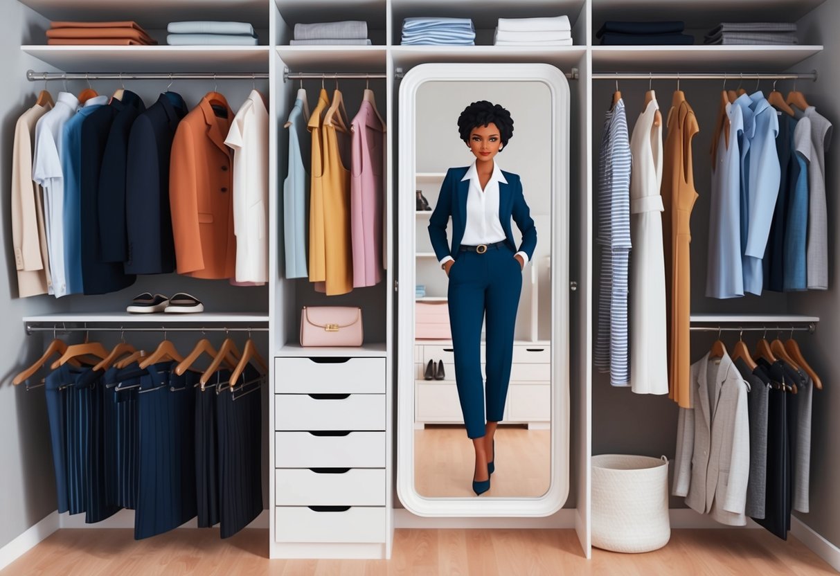 A closet with various clothing items neatly organized on hangers and shelves, with a mirror reflecting the stylish and confident individual's reflection