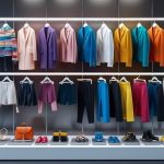 A colorful array of clothing and accessories arranged on a sleek, modern display, showcasing the latest fashion trends