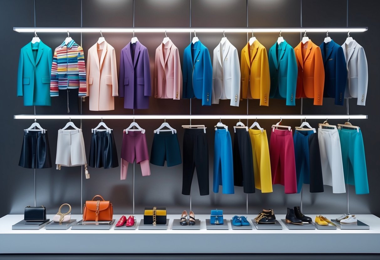 A colorful array of clothing and accessories arranged on a sleek, modern display, showcasing the latest fashion trends