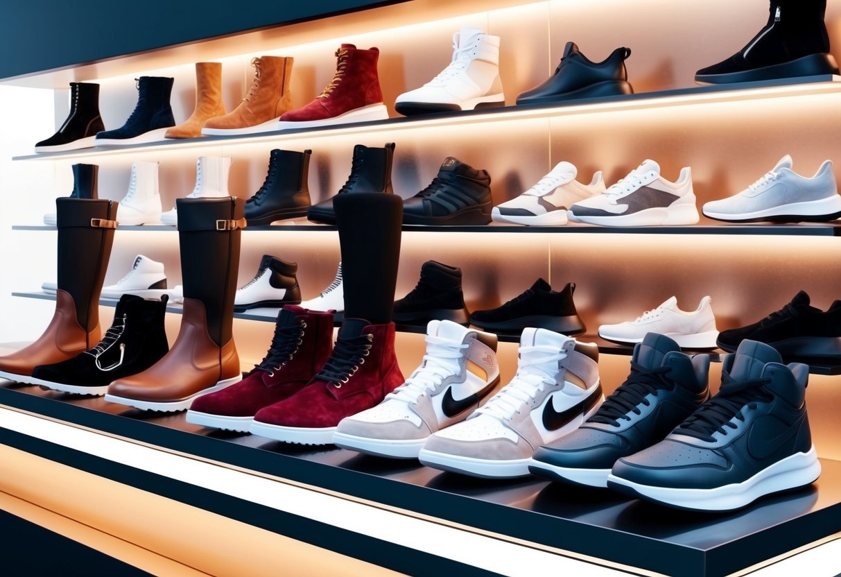 A collection of trendy footwear, from stylish boots to athletic sneakers, arranged on a sleek display