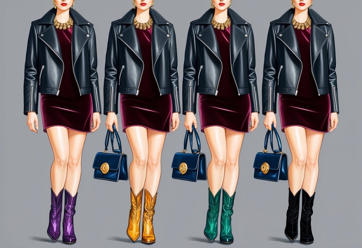 A sleek leather jacket draped over a velvet dress, paired with statement boots and a bold accessory