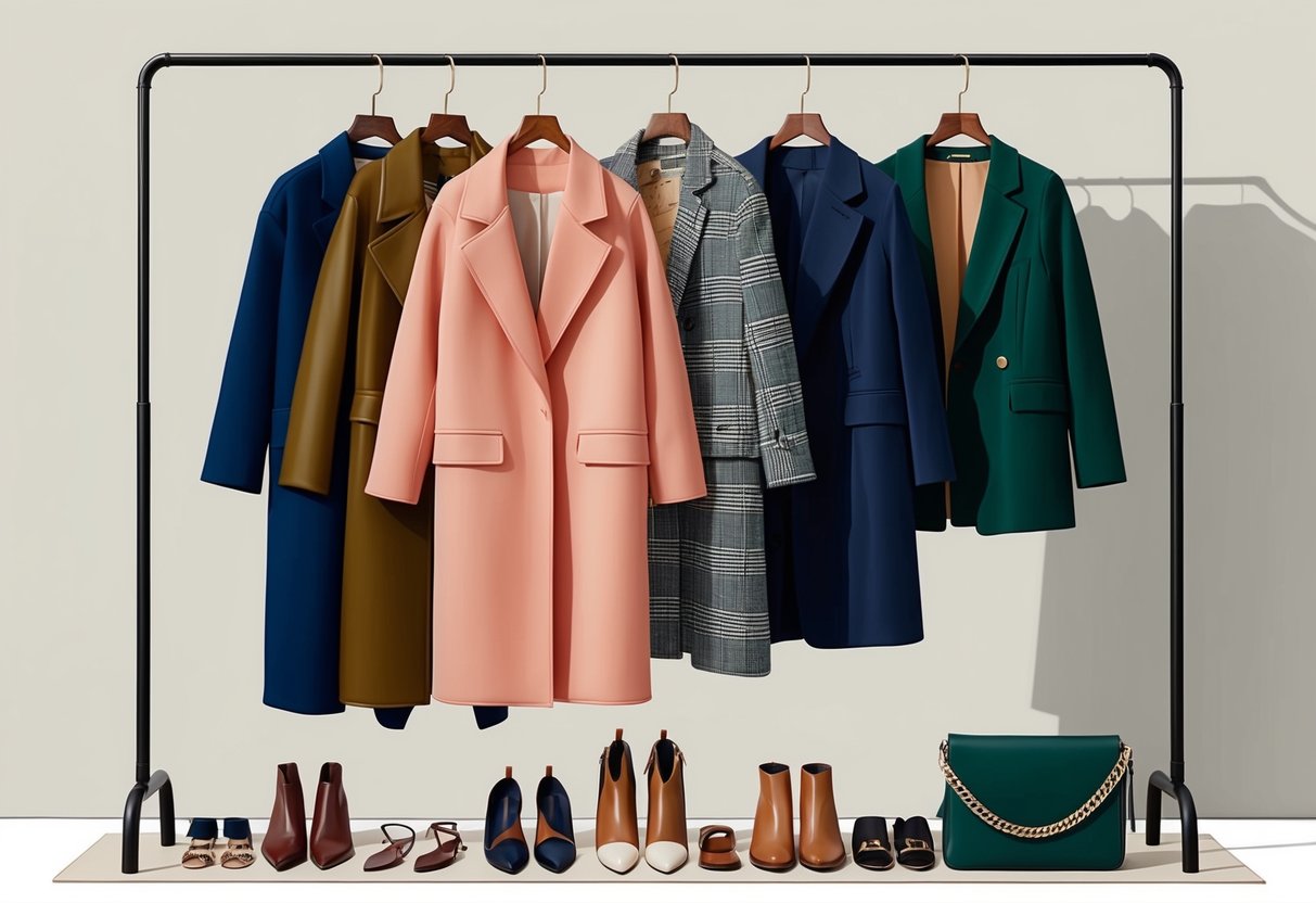 A group of stylish statement outerwear pieces hanging on a clothing rack, surrounded by accessories and shoes, ready to be styled effortlessly