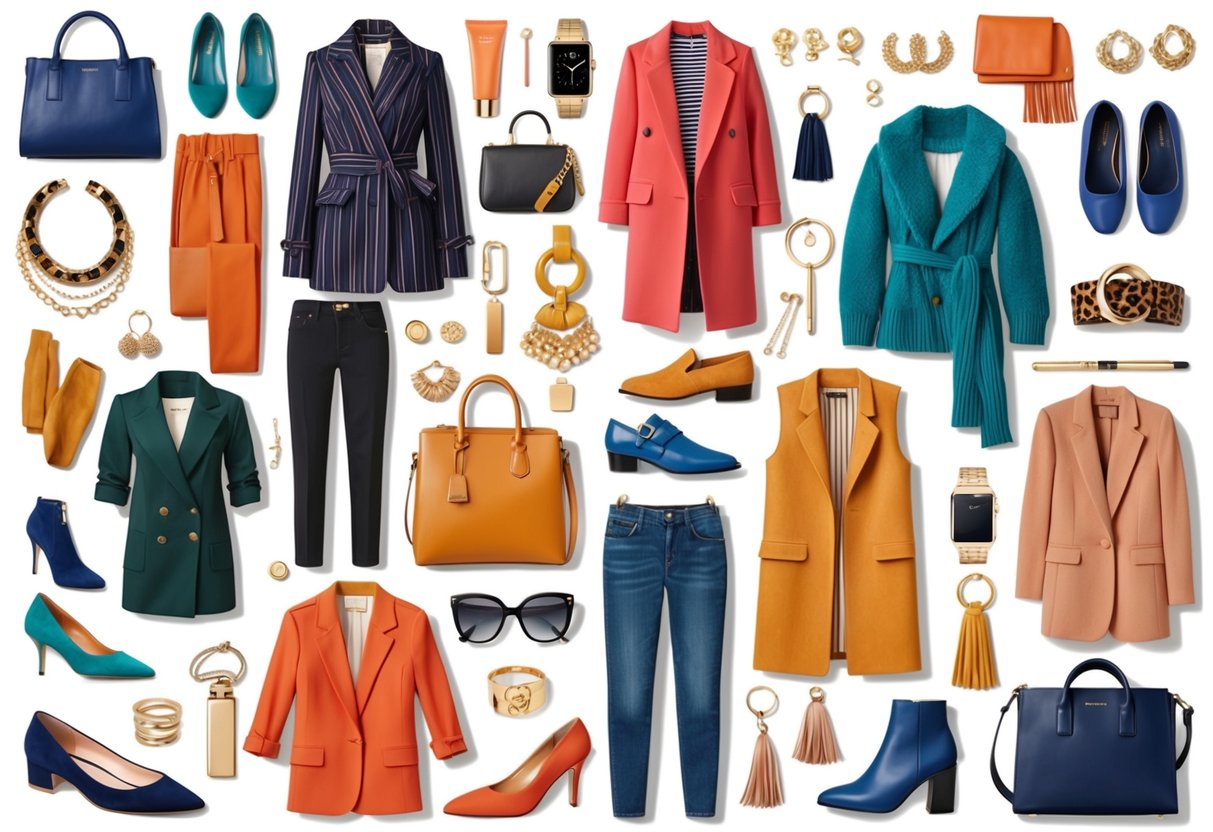 A colorful collage of fashion items - shoes, accessories, and clothing - arranged in a stylish and trendy manner