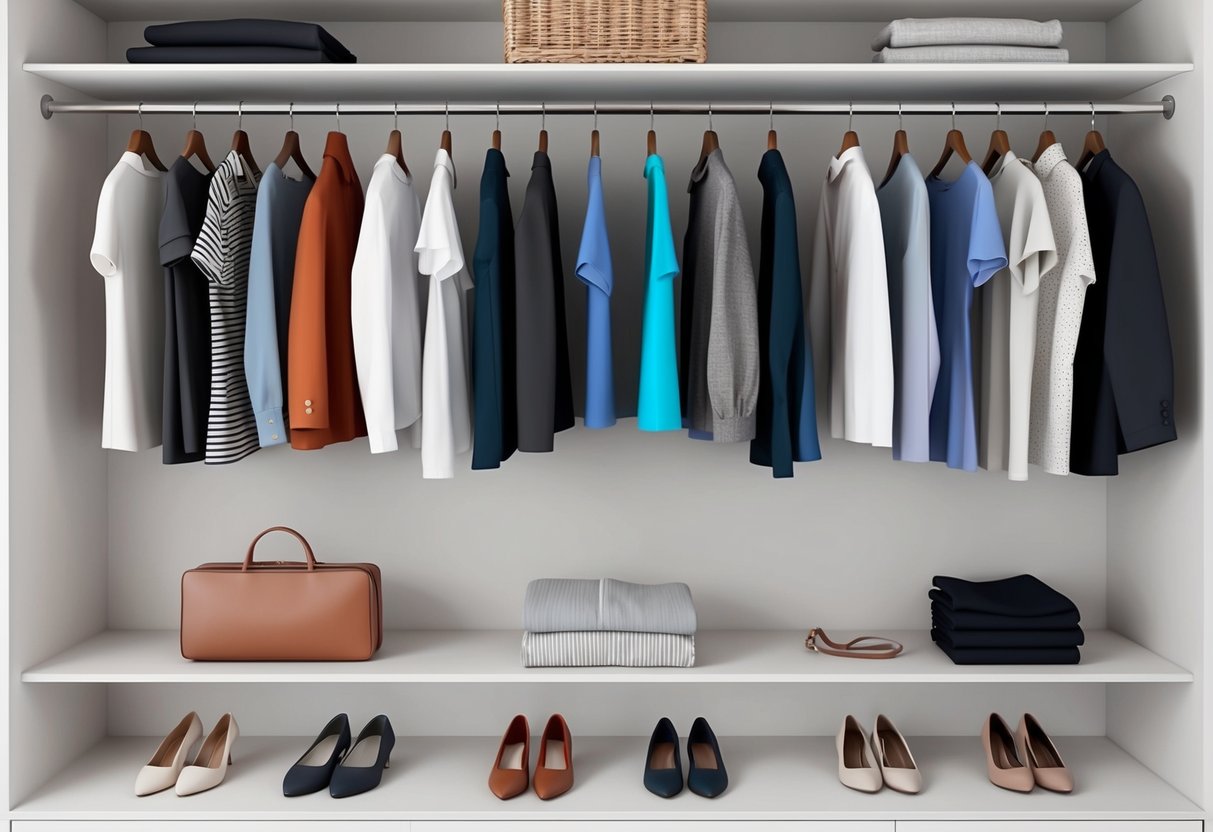 A minimalist closet with classic clothing items neatly organized on hangers and shelves