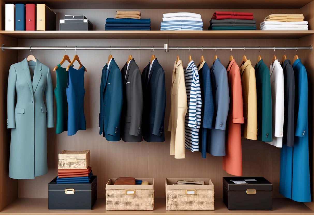 A neatly organized closet with a small selection of high-quality, classic clothing items neatly folded or hung
