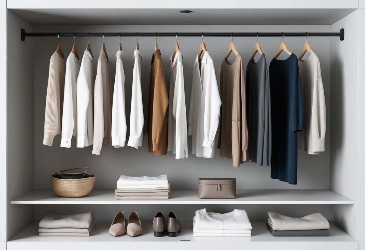 A minimalist closet with a few high-quality, versatile clothing items neatly organized on hangers and shelves. A mix of timeless essentials and neutral colors