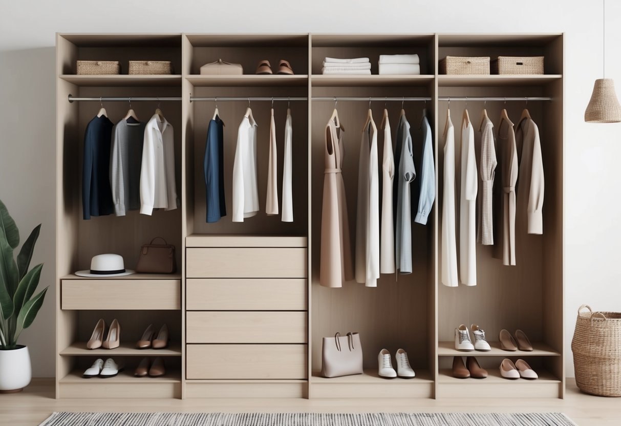 A minimalist wardrobe with classic clothing items, shoes, and accessories neatly organized in a closet with eco-friendly materials and sustainable design