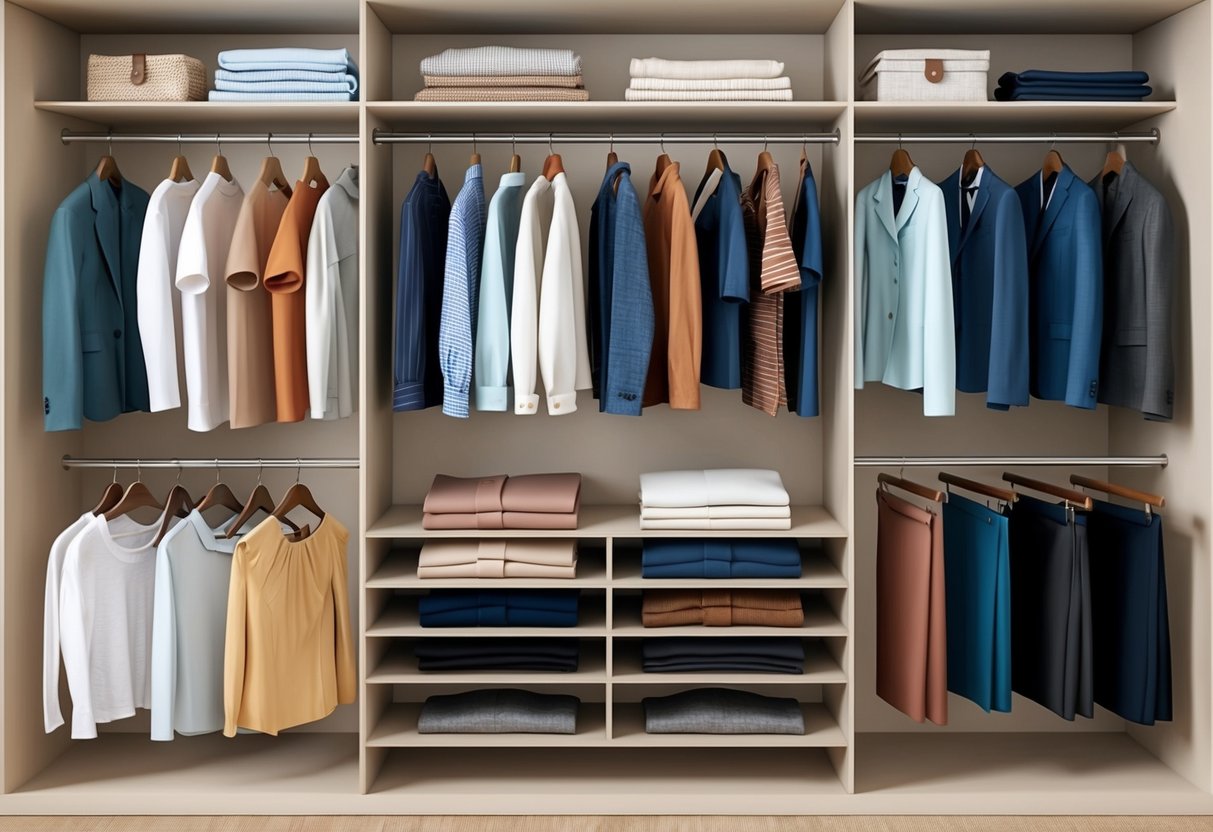 A neatly organized closet with a limited collection of timeless clothing essentials neatly folded and hung