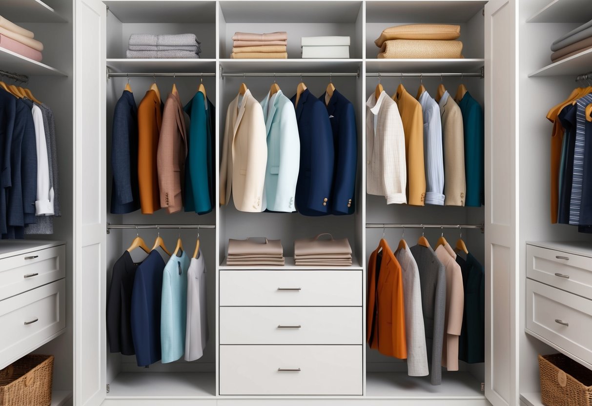 A neatly organized closet with a small selection of high-quality, classic clothing items neatly folded and hung