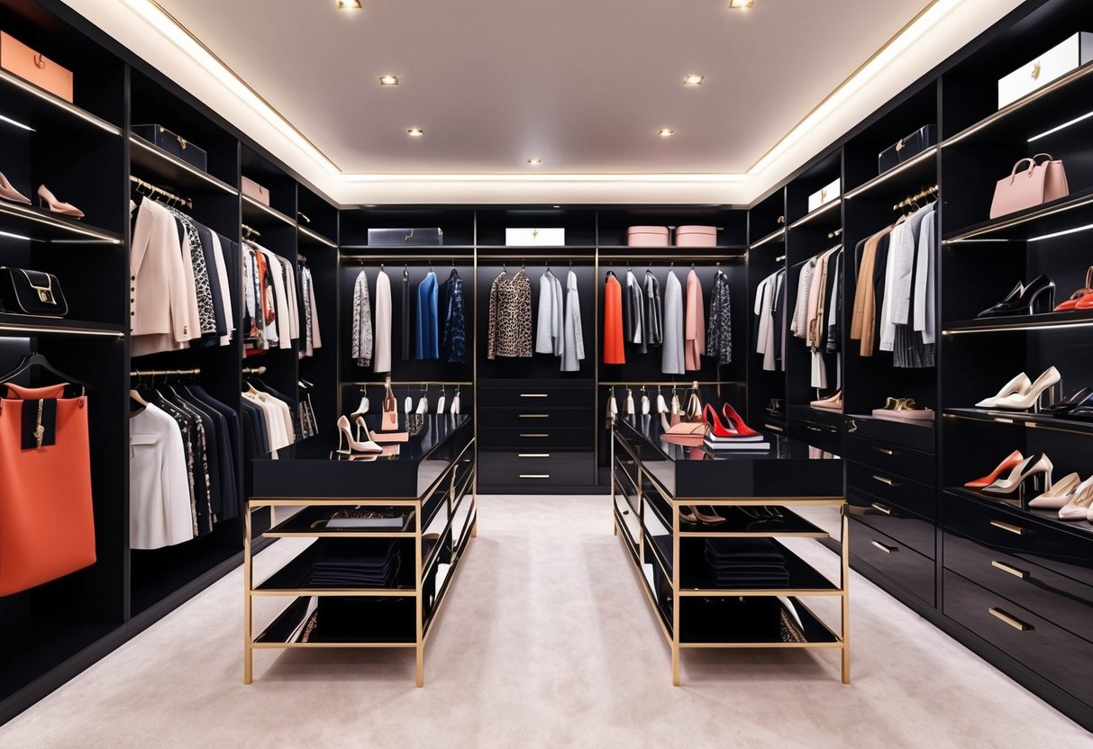 A lavish walk-in closet filled with high-end fashion items, including designer clothing, shoes, and accessories displayed on sleek shelves and racks