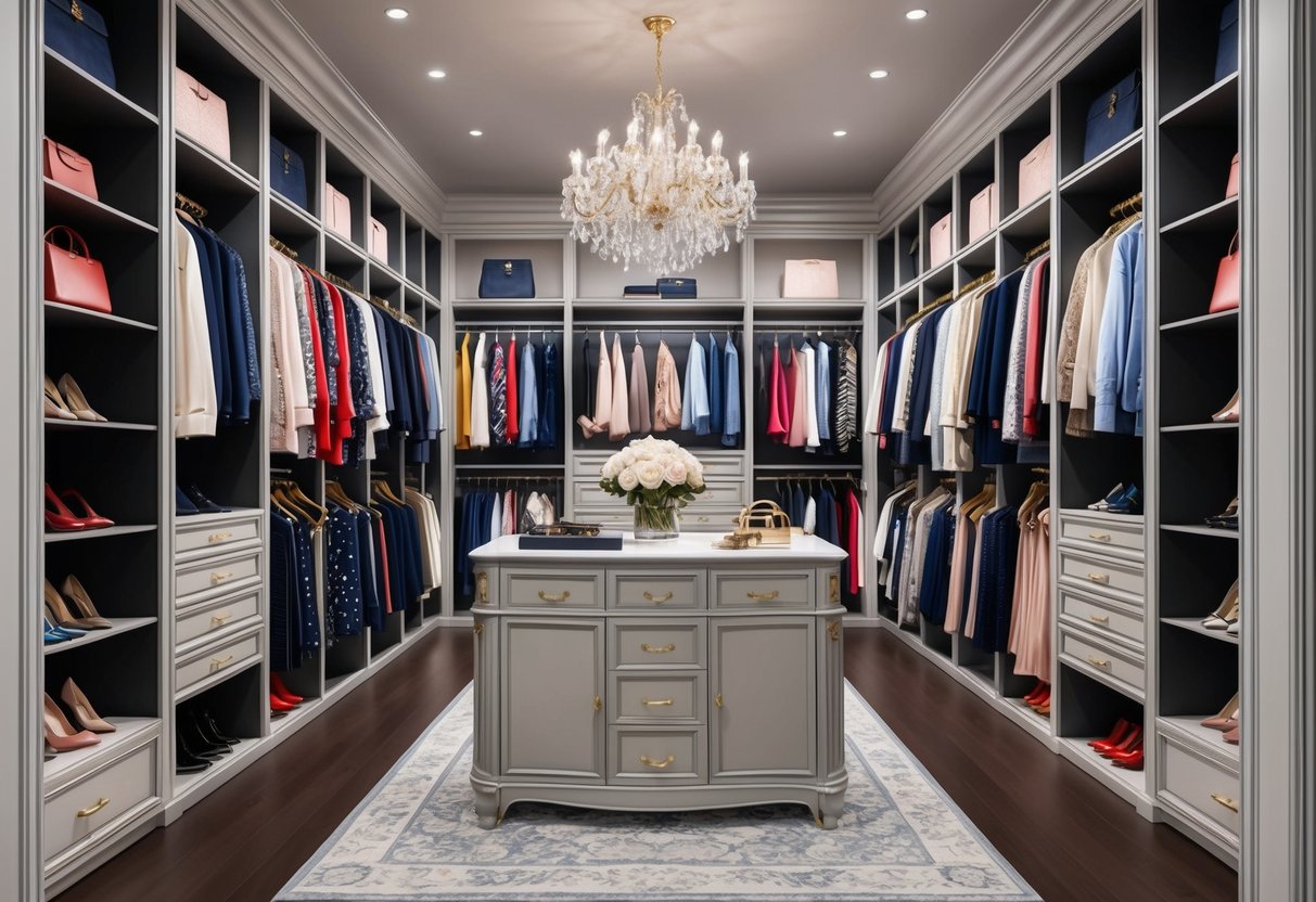 A lavish walk-in closet filled with designer clothing, shoes, and accessories from top luxury fashion brands, exuding timeless elegance and sophistication