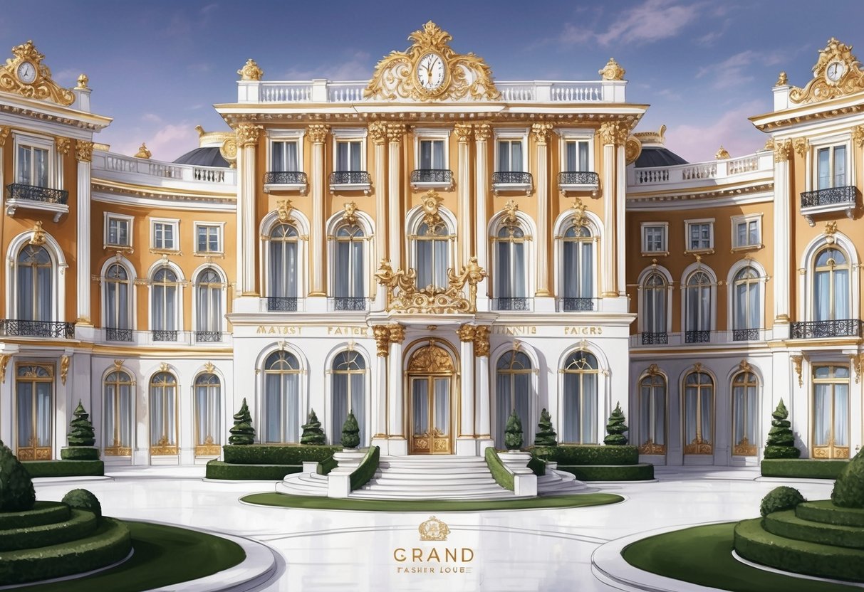 A grand and opulent fashion house with iconic branding and timeless designs, set against a backdrop of sophistication and exclusivity