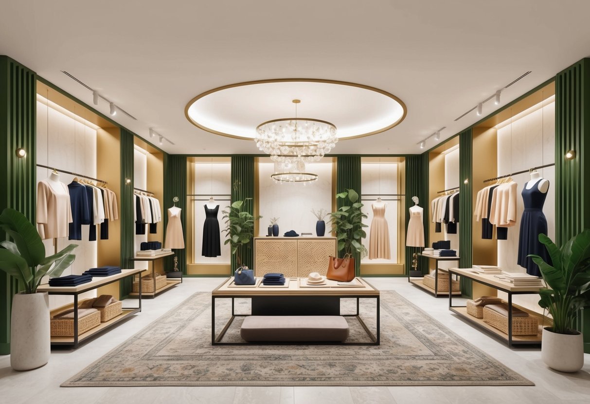 A luxurious fashion store with elegant, timeless pieces displayed in an eco-friendly and ethically designed space