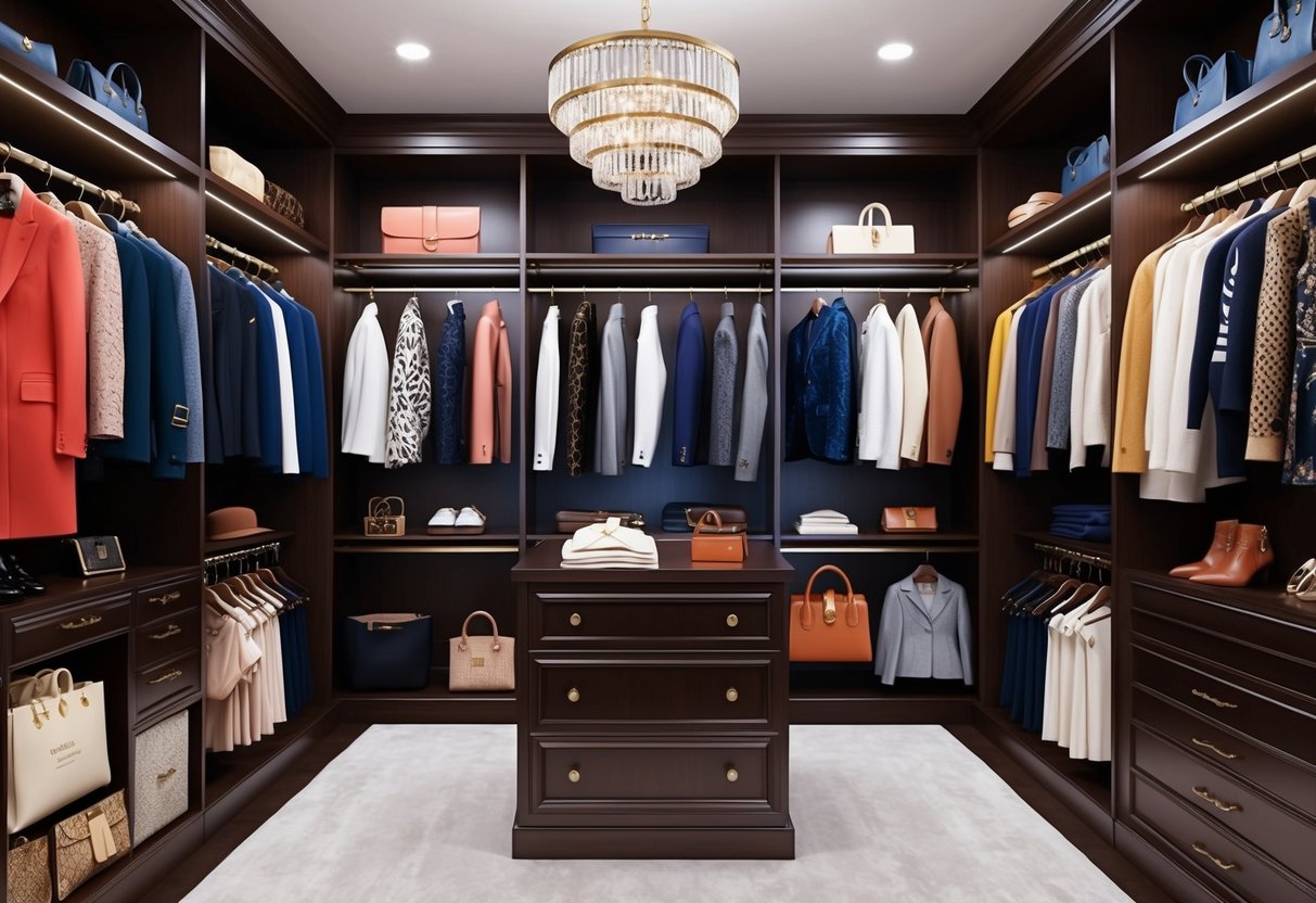 A luxurious walk-in closet filled with iconic designer clothing and accessories, showcasing timeless pieces from top luxury fashion brands
