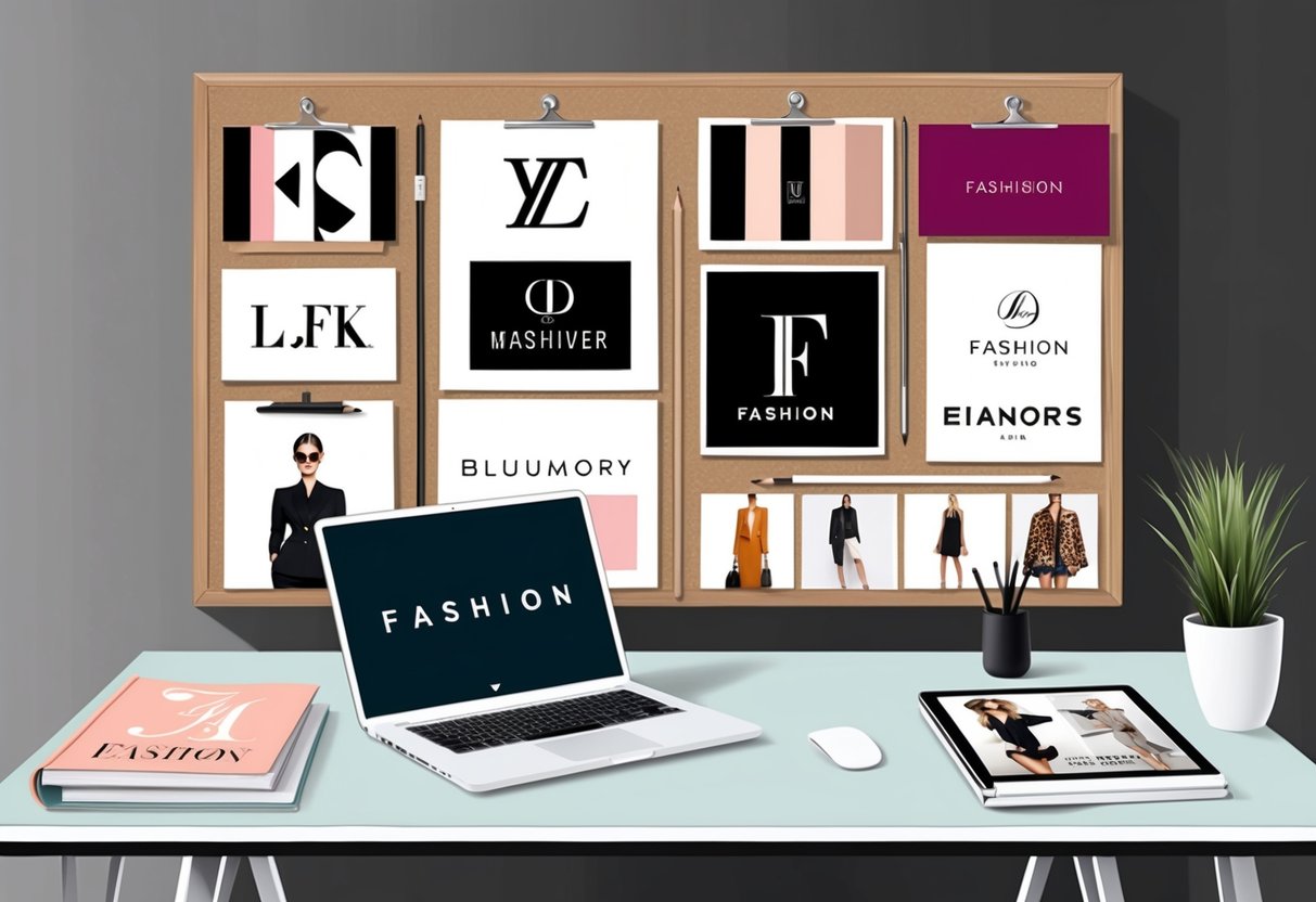 A stylish office desk with a laptop, designer fashion magazines, and a mood board filled with luxury fashion brand logos and influencer images