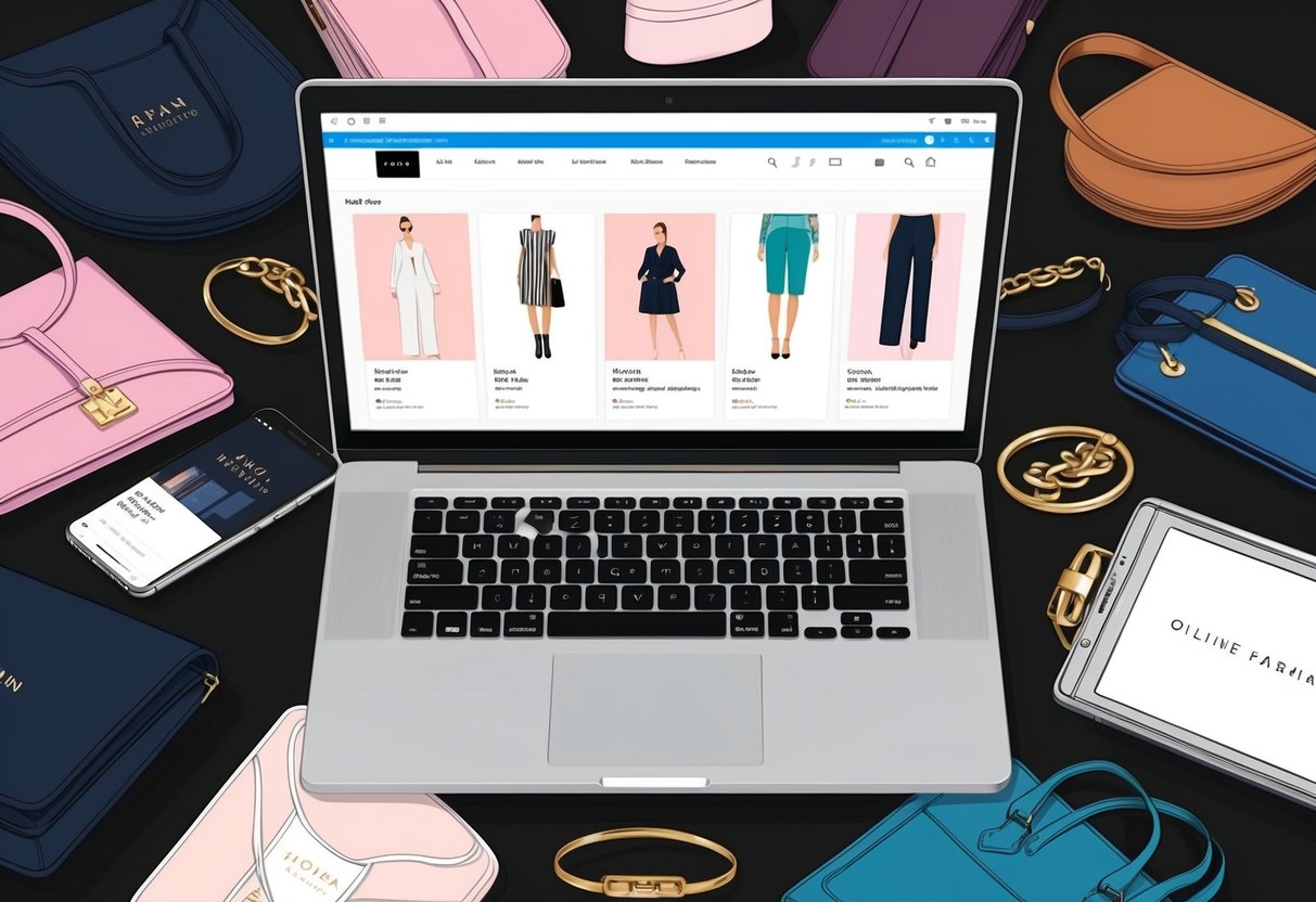 A laptop surrounded by designer fashion items, with multiple tabs open showing different online shopping websites
