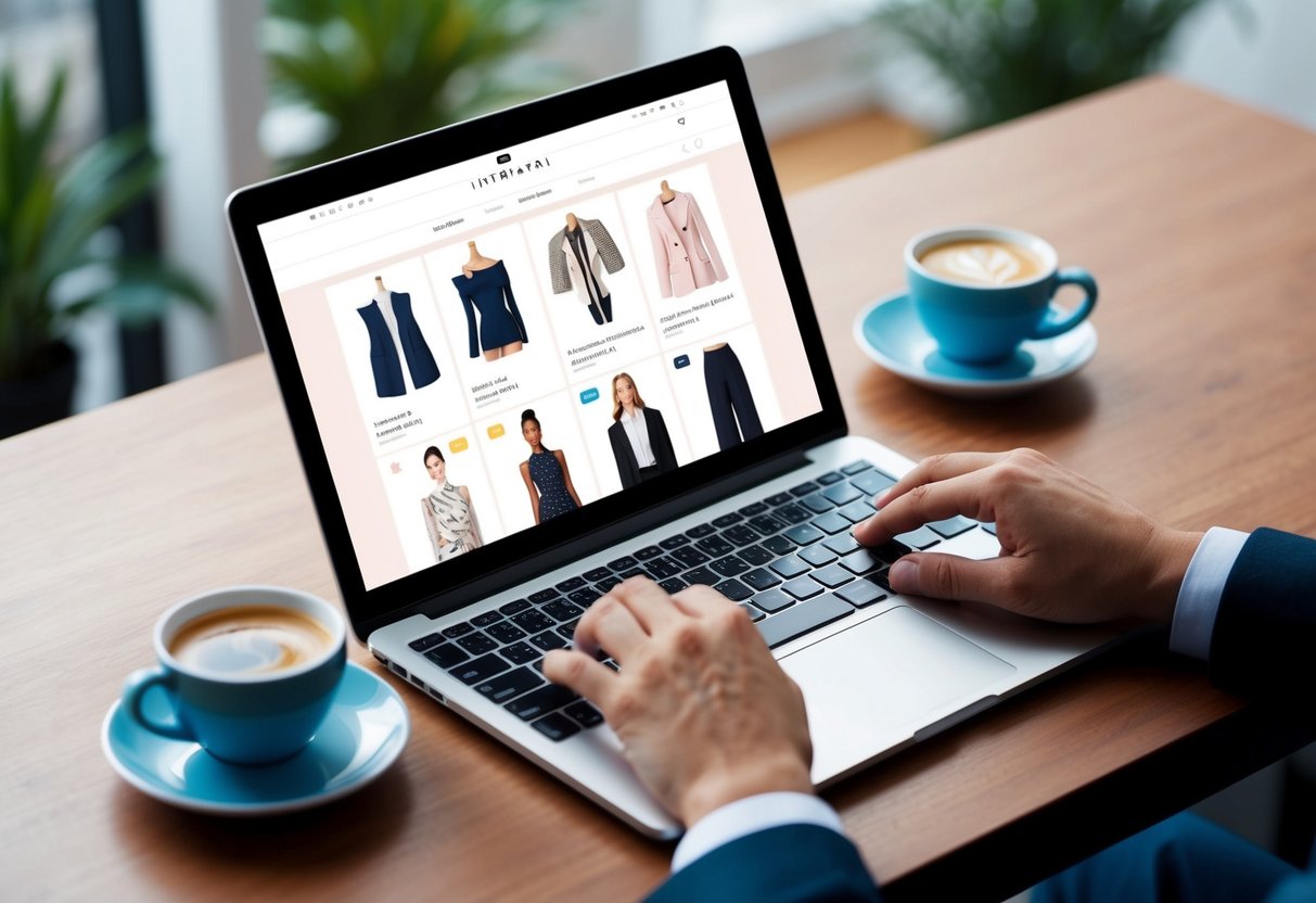 A laptop open on a desk, with a variety of designer fashion websites displayed on the screen. A cup of coffee sits nearby as the user searches for online deals