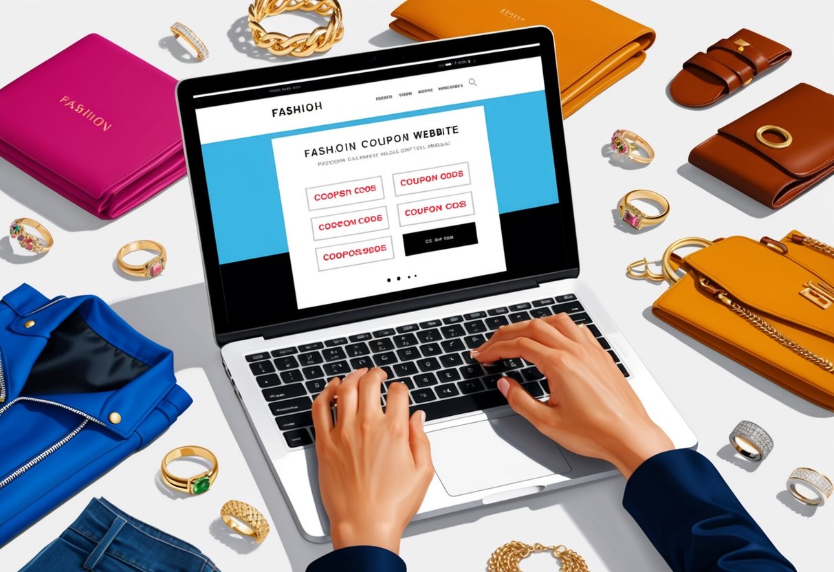 A laptop open to a fashion website with multiple coupon codes displayed, surrounded by designer clothing and accessories