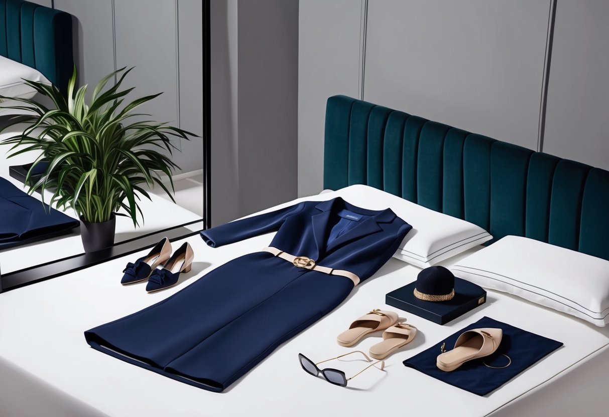 A stylish outfit laid out on a bed, with accessories and shoes neatly arranged nearby. A mirror reflects the ensemble, creating a sense of effortless elegance