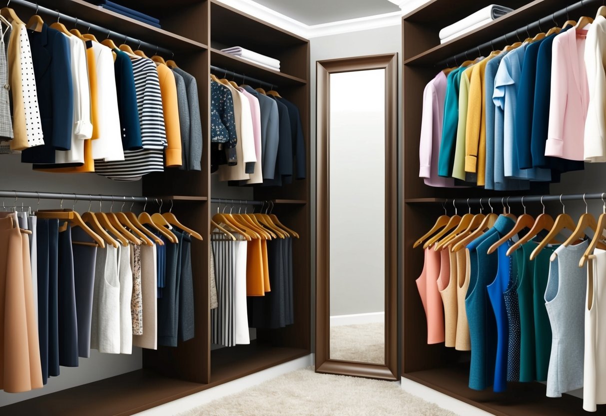 A well-organized closet with a mix of classic and trendy clothing items neatly arranged on hangers and shelves. A full-length mirror reflects the stylish space