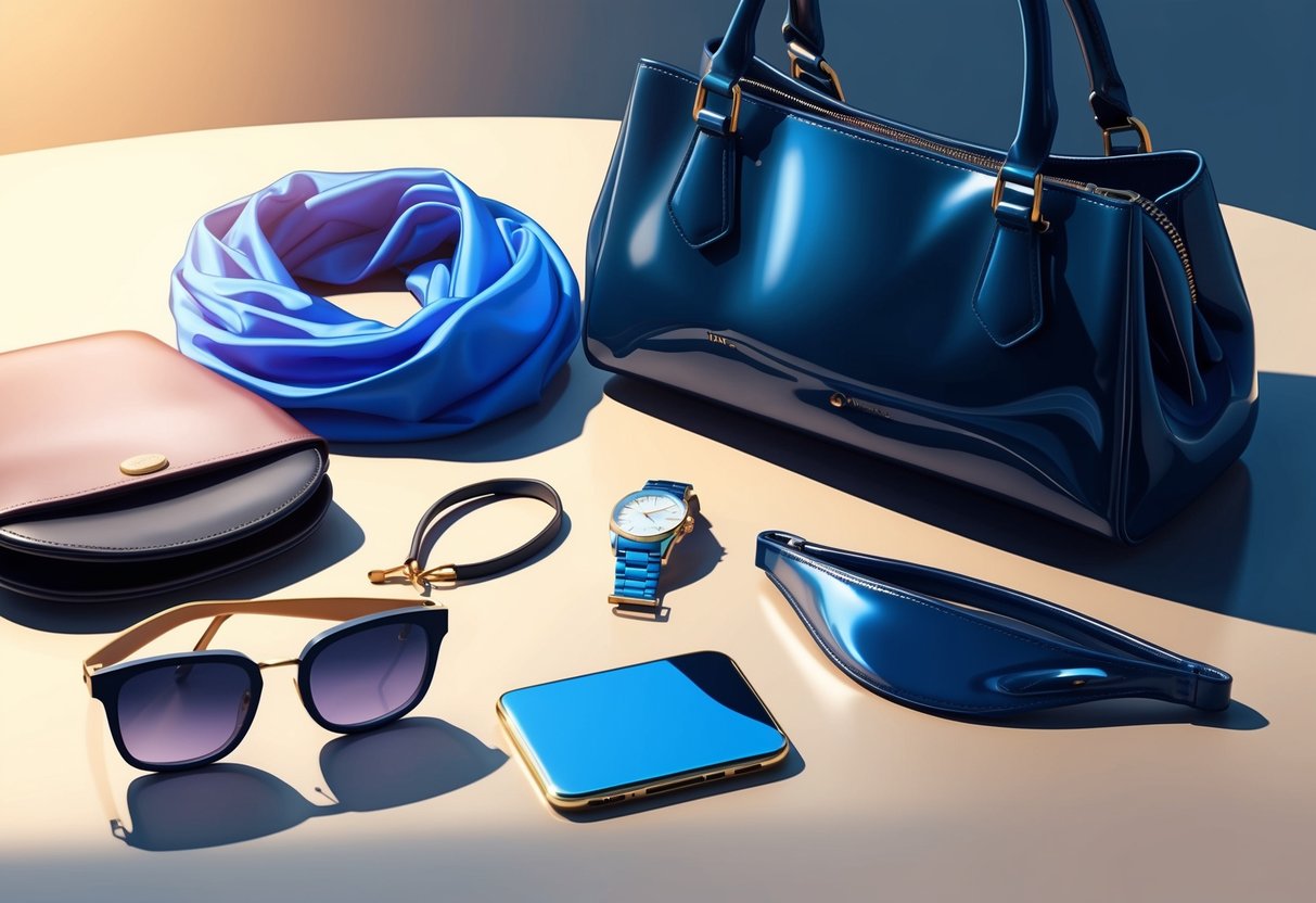 A collection of everyday items like a pair of sunglasses, a scarf, a watch, and a handbag arranged on a table, with the light reflecting off their shiny surfaces