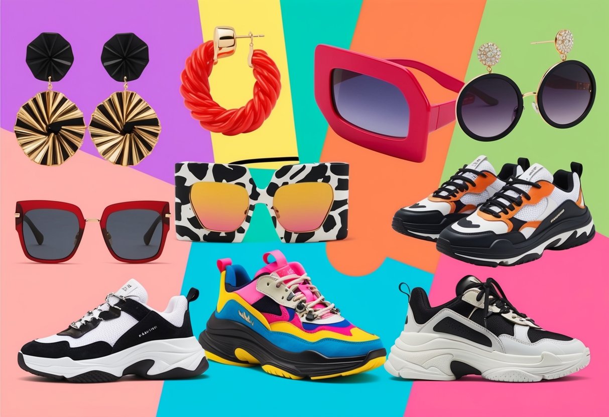A vibrant collage of fashion items like statement earrings, oversized sunglasses, bold prints, and chunky sneakers displayed on a colorful background