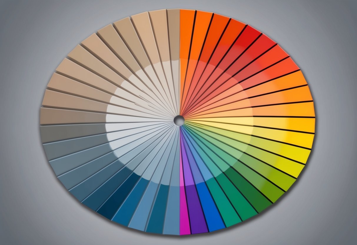 A color wheel split in half, one side filled with neutral tones and the other side with bright, bold colors