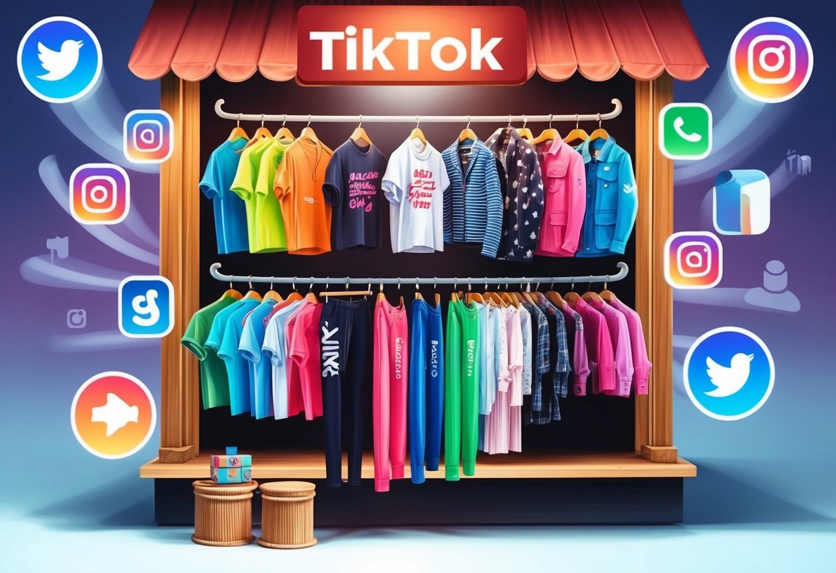 A colorful array of trendy clothing items displayed on a TikTok shop, surrounded by fast-moving social media icons