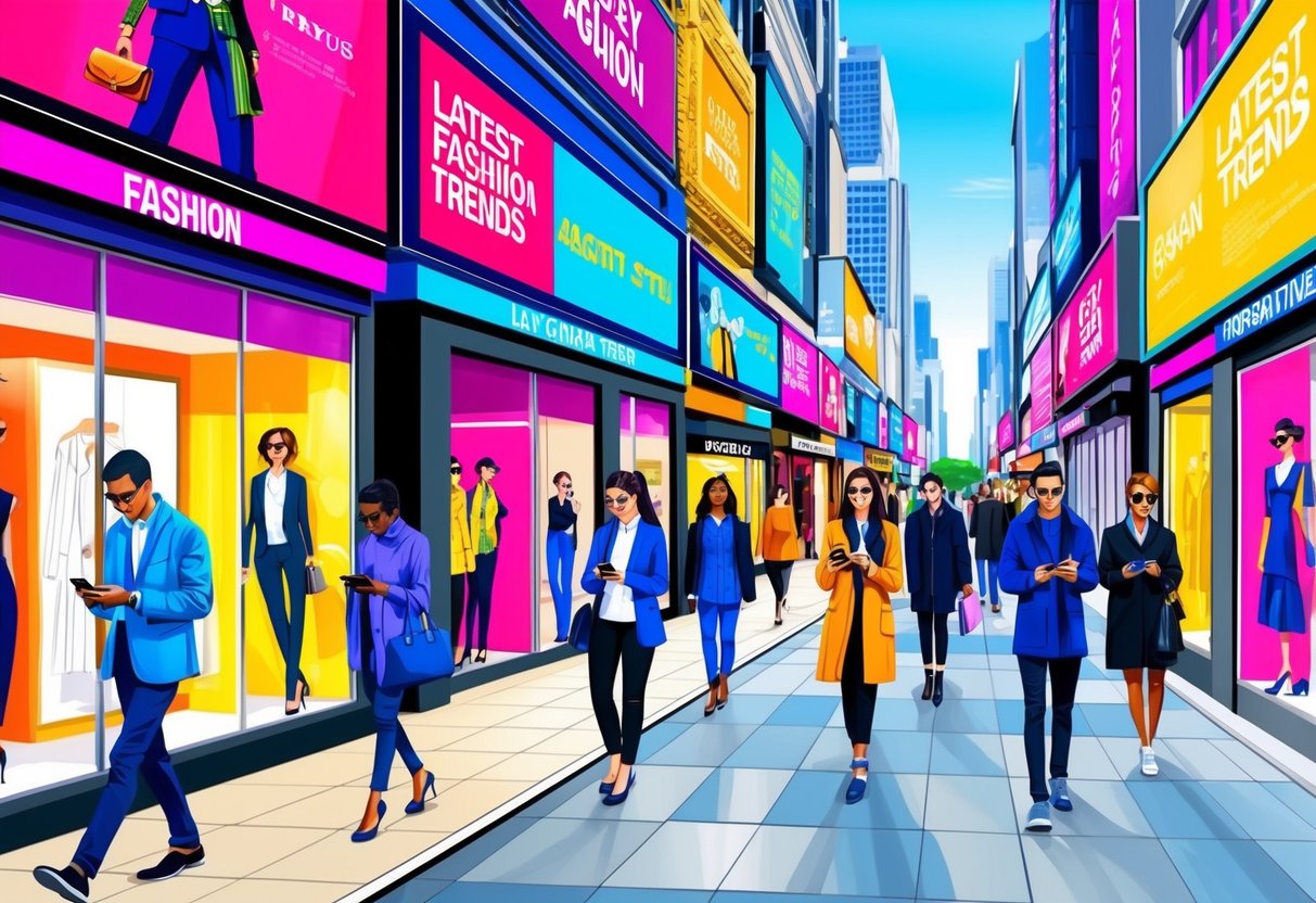 A bustling city street with vibrant billboards and storefronts showcasing the latest fashion trends. People walk by, glancing at their phones and admiring the latest styles