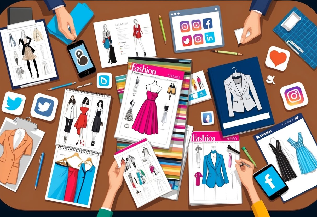 A table covered in fashion magazines and costume sketches, surrounded by social media icons and trendy clothing items