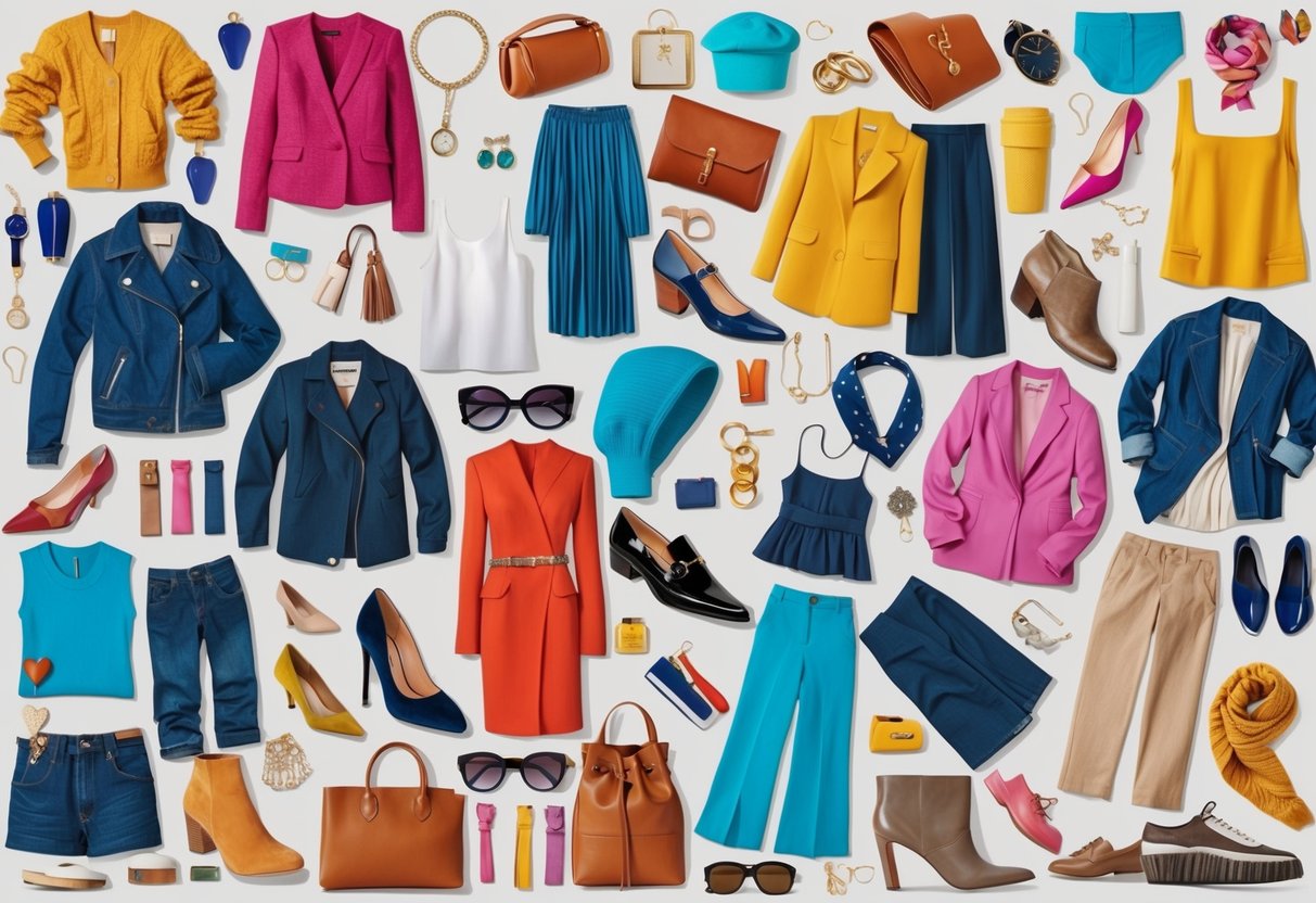 A colorful collage of fashion items like clothing, shoes, and accessories arranged in a dynamic and eye-catching composition