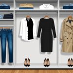 A closet with neatly organized shelves and hangers holding essential clothing items like jeans, a white button-up shirt, a little black dress, a trench coat, and a pair of black pumps