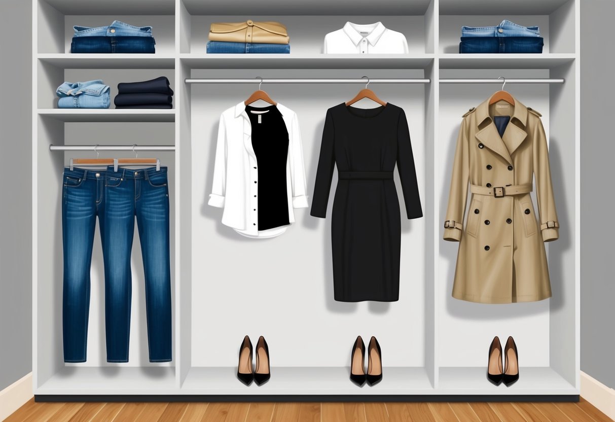 A closet with neatly organized shelves and hangers holding essential clothing items like jeans, a white button-up shirt, a little black dress, a trench coat, and a pair of black pumps