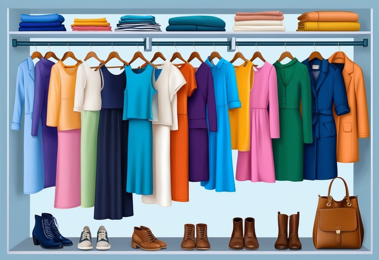 A closet with a variety of essential clothing items neatly organized on hangers and shelves, including basic tops, bottoms, dresses, outerwear, and shoes